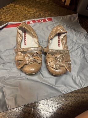 Prada Kids Shimmery Gold Bow Strap Ballet Flats